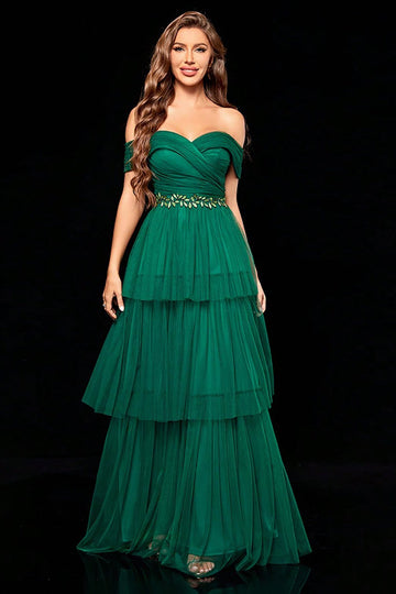 Vestido de fiesta escalonado verde oscuro con hombros descubiertos y volantes